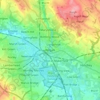 Mapa topográfico Wigan, altitude, relevo