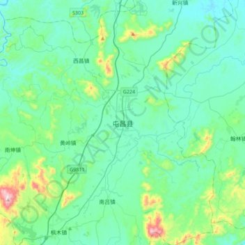 Mapa topográfico 屯昌县, altitude, relevo
