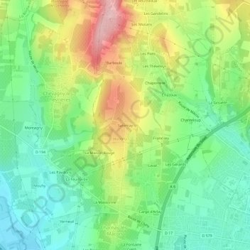 Mapa topográfico Salornay, altitude, relevo