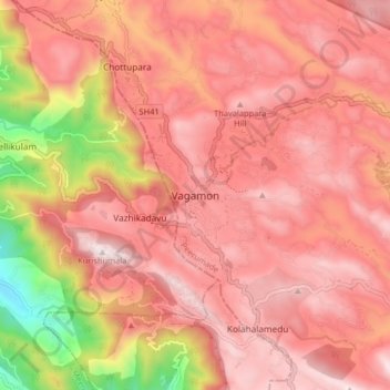 Mapa topográfico Vagamon, altitude, relevo