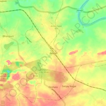 Mapa topográfico Amlai, altitude, relevo