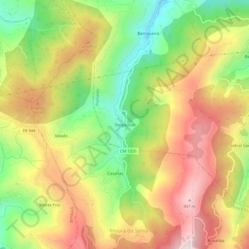 Mapa topográfico Sorgaçosa, altitude, relevo