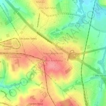 Mapa topográfico Nova Aparecida, altitude, relevo