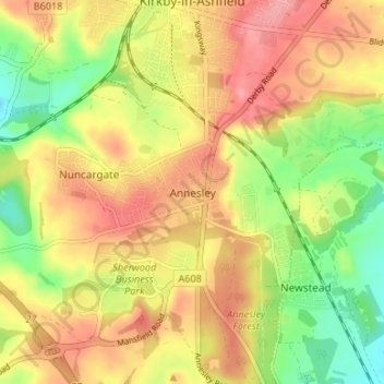 Mapa topográfico Annesley, altitude, relevo