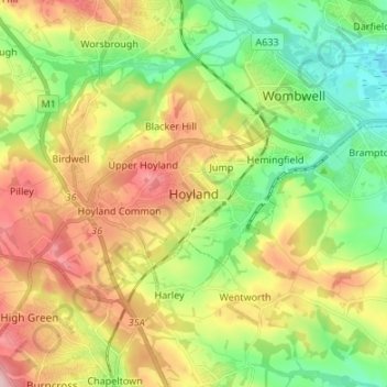 Mapa topográfico Hoyland, altitude, relevo