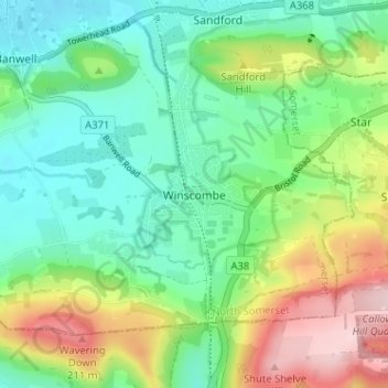 Mapa topográfico Winscombe, altitude, relevo