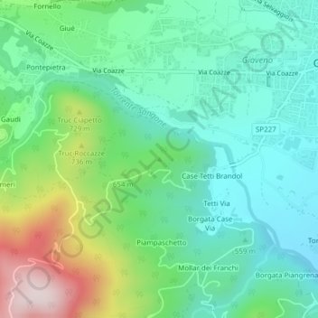 Mapa topográfico Monterossino, altitude, relevo