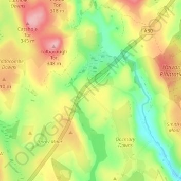 Mapa topográfico Bolventor, altitude, relevo