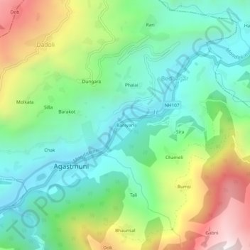 Mapa topográfico Baniyari, altitude, relevo