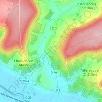 Mapa topográfico Montigny-sous-Chatillon, altitude, relevo