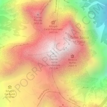 Mapa topográfico Corno Grande - Vetta Occidentale, altitude, relevo