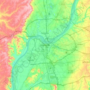 Mapa topográfico Louisville, altitude, relevo