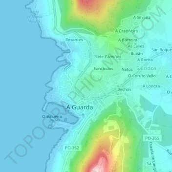 Mapa topográfico Castelo de Santa Cruz, altitude, relevo