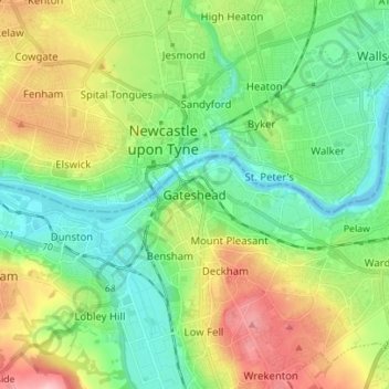 Mapa topográfico Gateshead, altitude, relevo