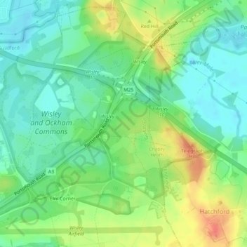 Mapa topográfico Ockham Common, altitude, relevo