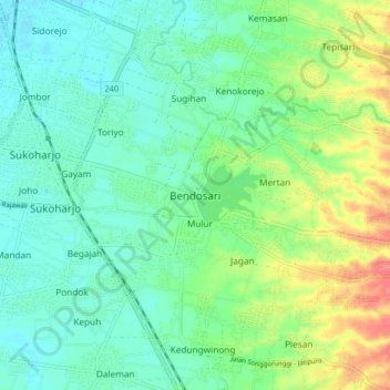 Mapa topográfico Bendosari, altitude, relevo