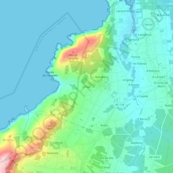 Mapa topográfico O Feal, altitude, relevo