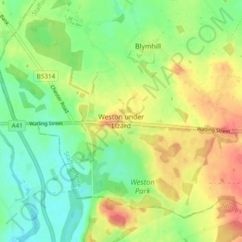 Mapa topográfico Weston under Lizard, altitude, relevo