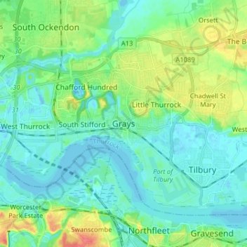 Mapa topográfico Grays, altitude, relevo