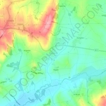 Mapa topográfico Anglars, altitude, relevo
