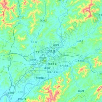 Mapa topográfico 浮梁县, altitude, relevo