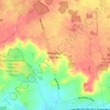 Mapa topográfico Woodham Ferrers, altitude, relevo