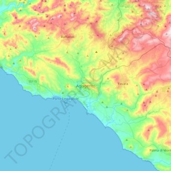 Mapa topográfico Agrigent, altitude, relevo