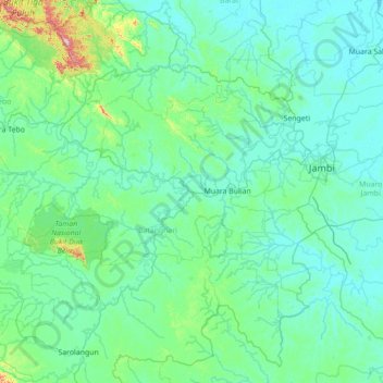 Mapa topográfico Muara Tembesi, altitude, relevo