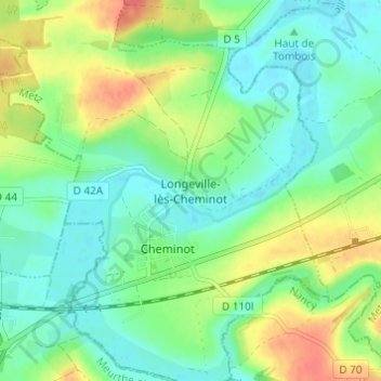 Mapa topográfico Longeville-lès-Cheminot, altitude, relevo