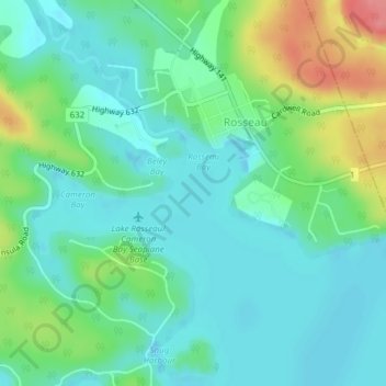 Mapa topográfico Lake Rosseau, altitude, relevo