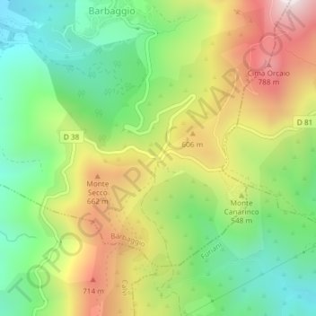 Mapa topográfico Col de Teghime, altitude, relevo