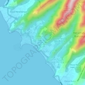 Mapa topográfico Dusun Loco, altitude, relevo