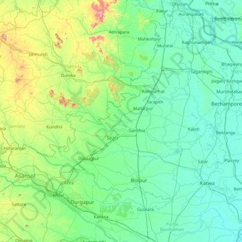 Mapa topográfico Bīrbhūm, altitude, relevo