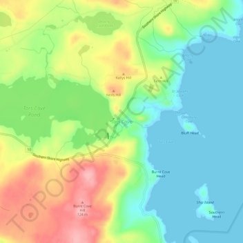 Mapa topográfico Tors Cove, altitude, relevo