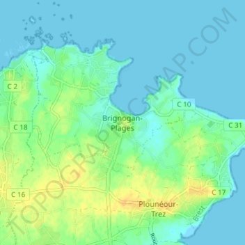 Mapa topográfico Brignogan-Plages, altitude, relevo