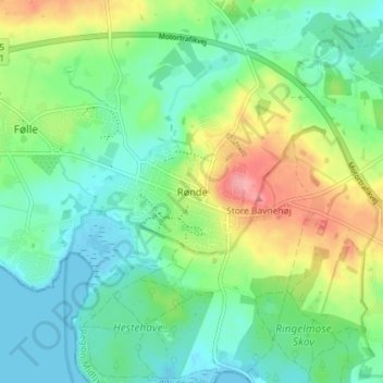 Mapa topográfico Rønde, altitude, relevo