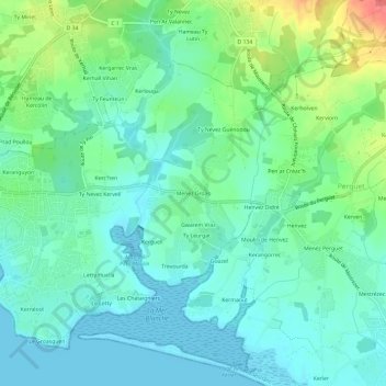 Mapa topográfico Menez Groas, altitude, relevo
