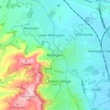 Mapa topográfico Willingdon, altitude, relevo