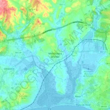 Mapa topográfico Mexilhoeira Grande, altitude, relevo
