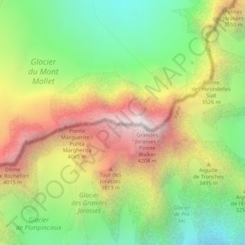 Mapa topográfico Grandes Jorasses/ Pointe Whymper, altitude, relevo
