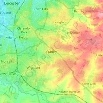 Mapa topográfico Oadby, altitude, relevo