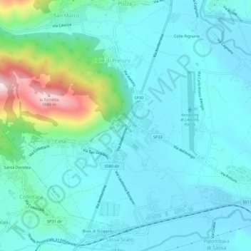 Mapa topográfico Preturo, altitude, relevo