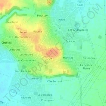 Mapa topográfico Fort de Genas, altitude, relevo