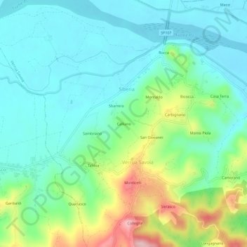 Mapa topográfico Calliano, altitude, relevo