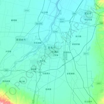 Mapa topográfico 吴忠市, altitude, relevo