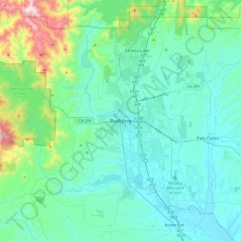 Mapa topográfico Redding, altitude, relevo