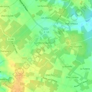 Mapa topográfico Aux Chataigniers, altitude, relevo