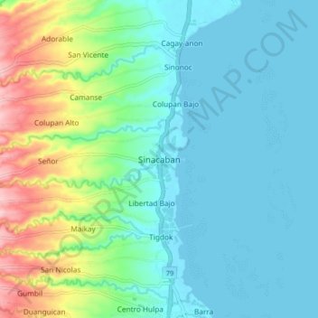 Mapa topográfico Sinacaban, altitude, relevo
