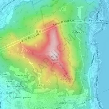 Mapa topográfico Monte Barro, altitude, relevo