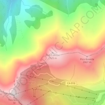 Mapa topográfico Pico Cornón, altitude, relevo